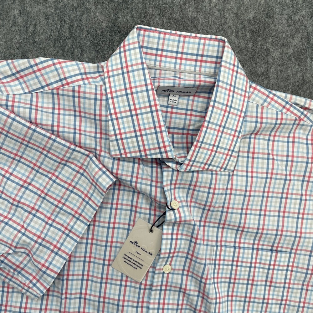 Peter Millar Shirt Mens XL Short Sleeve Plaid Button Down Blue White New